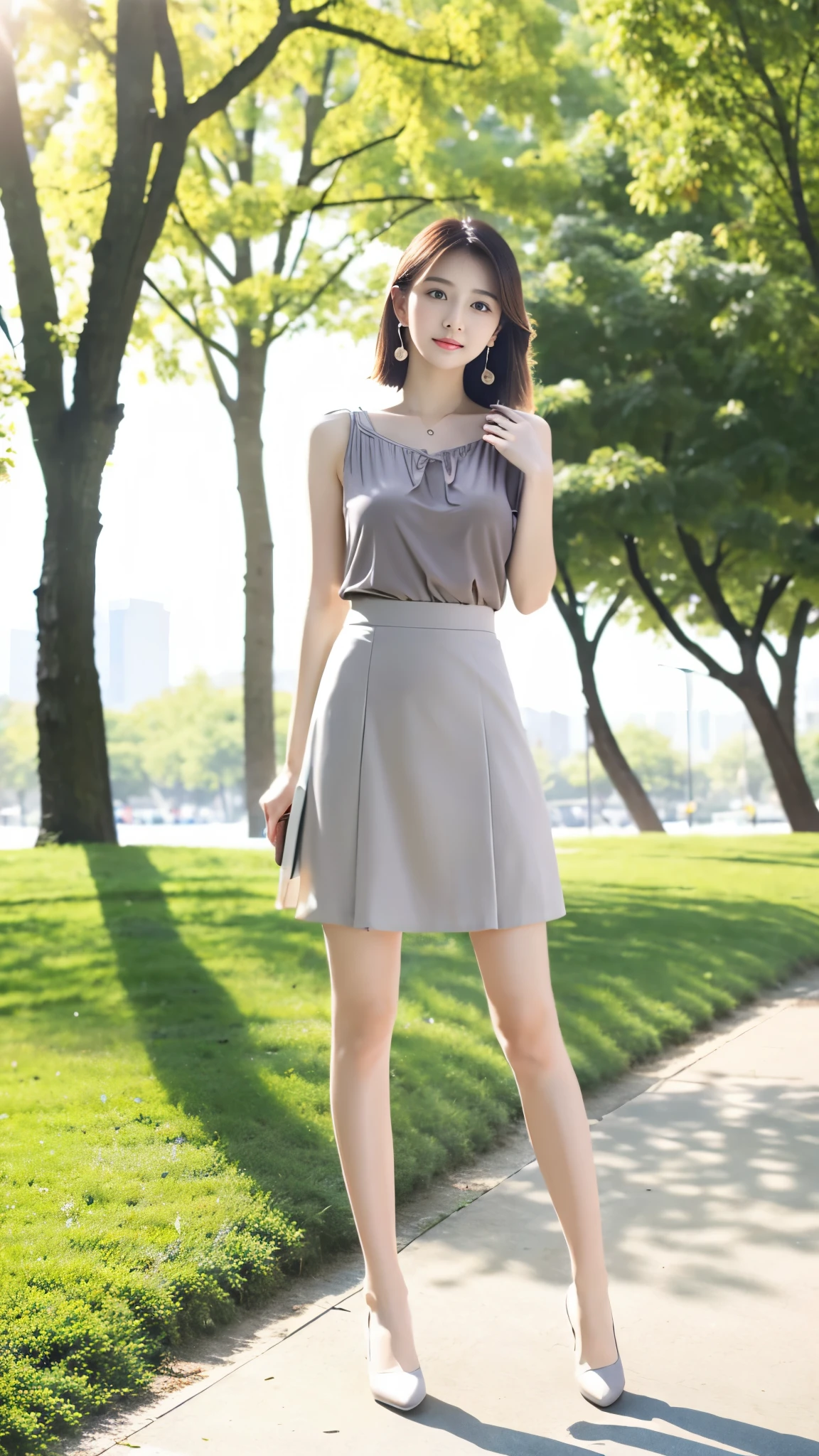 Ultra-clear resolution,Young girl,Shoulder-length hair,Light hair color,Earrings,Clear eyes,No makeup,Lip Gloss,Delicate face,Perfect face,Fair skin,Perfect breasts,Long and slender legs,Gray workplace skirt,shoe,Stand in the park