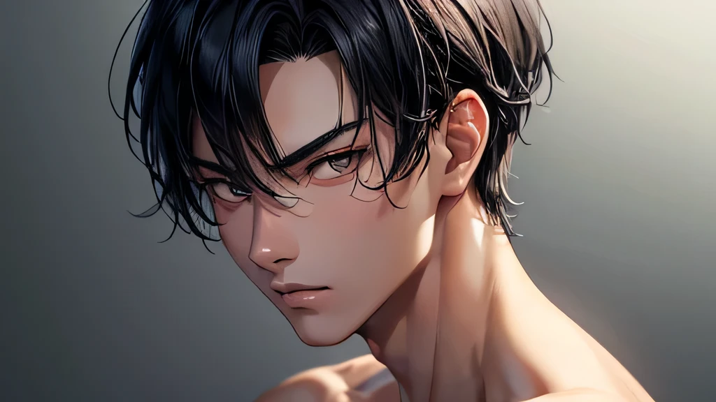 Handsome Japanese male model Black Hair Short Hair Trimmed 童face Looking straight into the camera with a stern gaze Beautiful Skin Slim and muscular Fierce face shoulder From the front Shaved head Watery eye nude No background Face Up