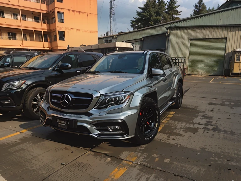 There are two cars parked side by side in the parking lot, Wide body, Install off-road vehicle bull bar on the front of the vehicle, steel gray body, Mercedes, HD, HDR photos, A perfect masterpiece, Low resolution, hdr render, Made with photoshop