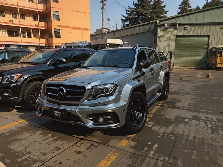 There are two cars parked side by side in the parking lot, Wide body, Install off-road vehicle bull bar on the front of the vehicle, steel gray body, Mercedes, HD, HDR photos, A perfect masterpiece, Low resolution, hdr render, Made with photoshop