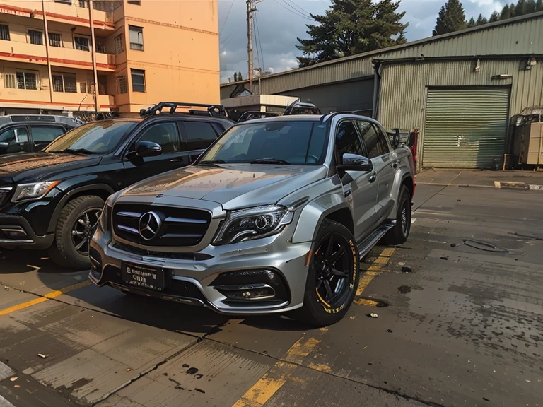 There are two cars parked side by side in the parking lot, Wide body, Install off-road vehicle bull bar on the front of the vehicle, steel gray body, Mercedes, HD, HDR photos, A perfect masterpiece, Low resolution, hdr render, Made with photoshop