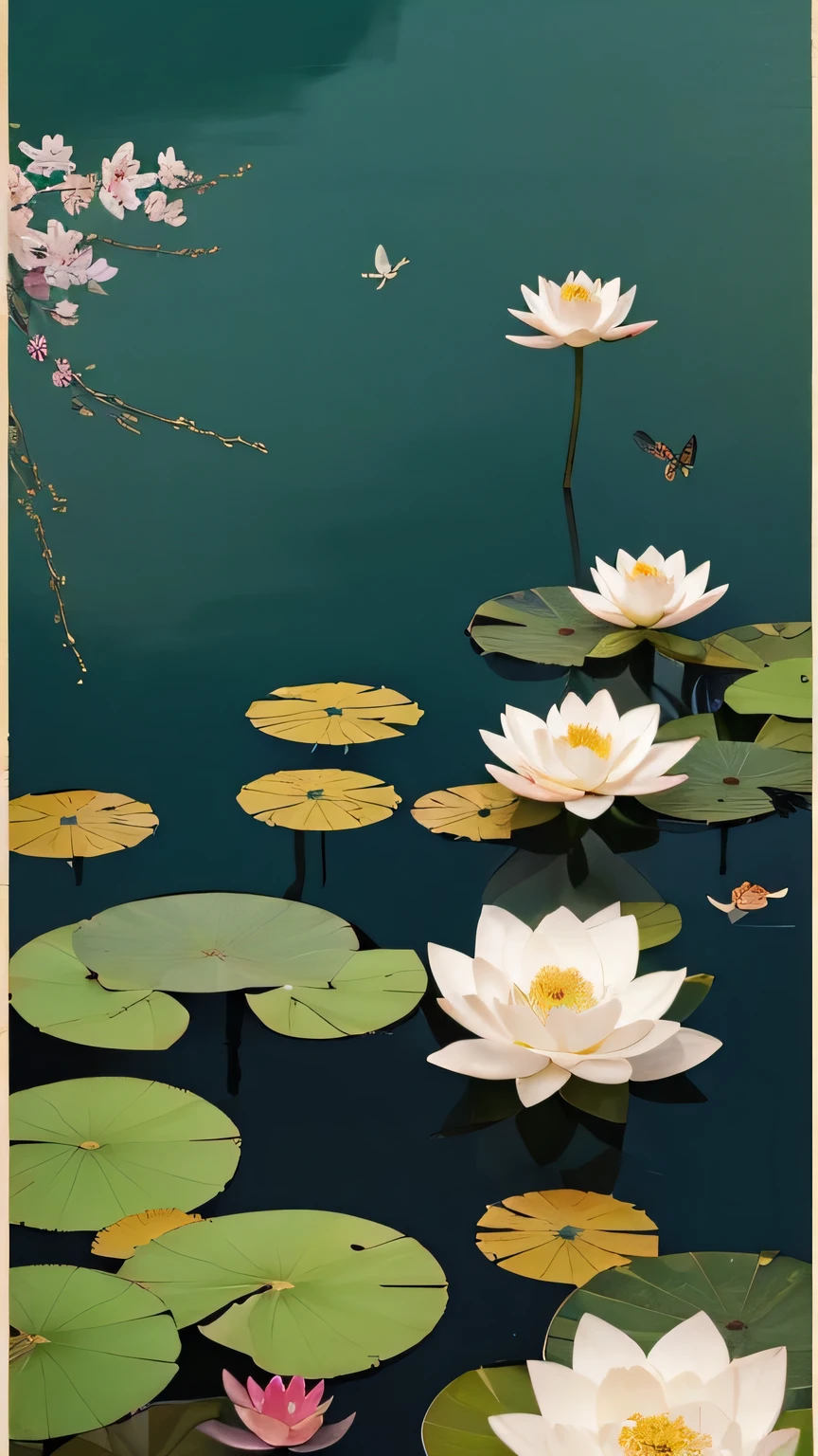 there is a poster with a picture of a lotus and dragonflies, a poster inspired by Cui Bai, devianart contest winners, The art of math, Ghost Festival, poster illustration, art cover, poster, Wang Chen, Chinese watercolor style, illustrated poster, lotus pond, Chinese painting style, poster ; summer, poster design