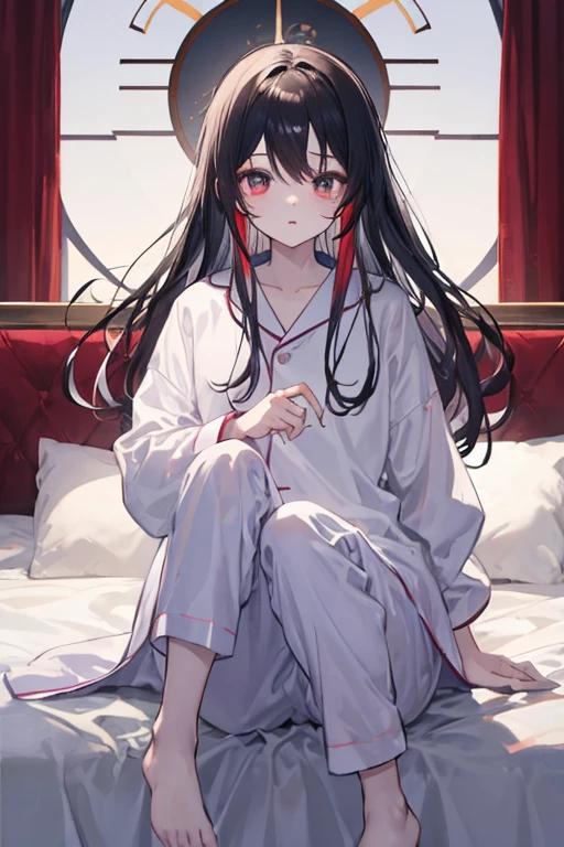 Long black hair, red eyes, girly, wearing white pajamas with cat pattern