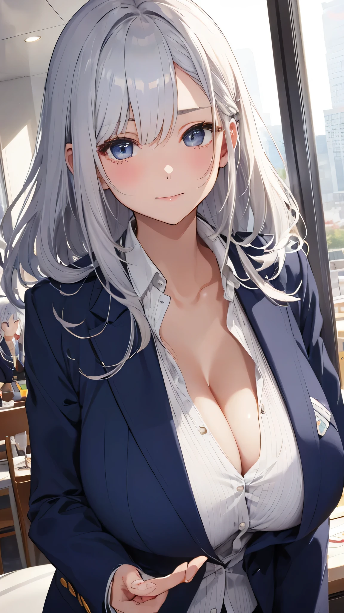 beautiful girl, Silver Hair, Navy blue blazer, big breasts、Show off your cleavage、