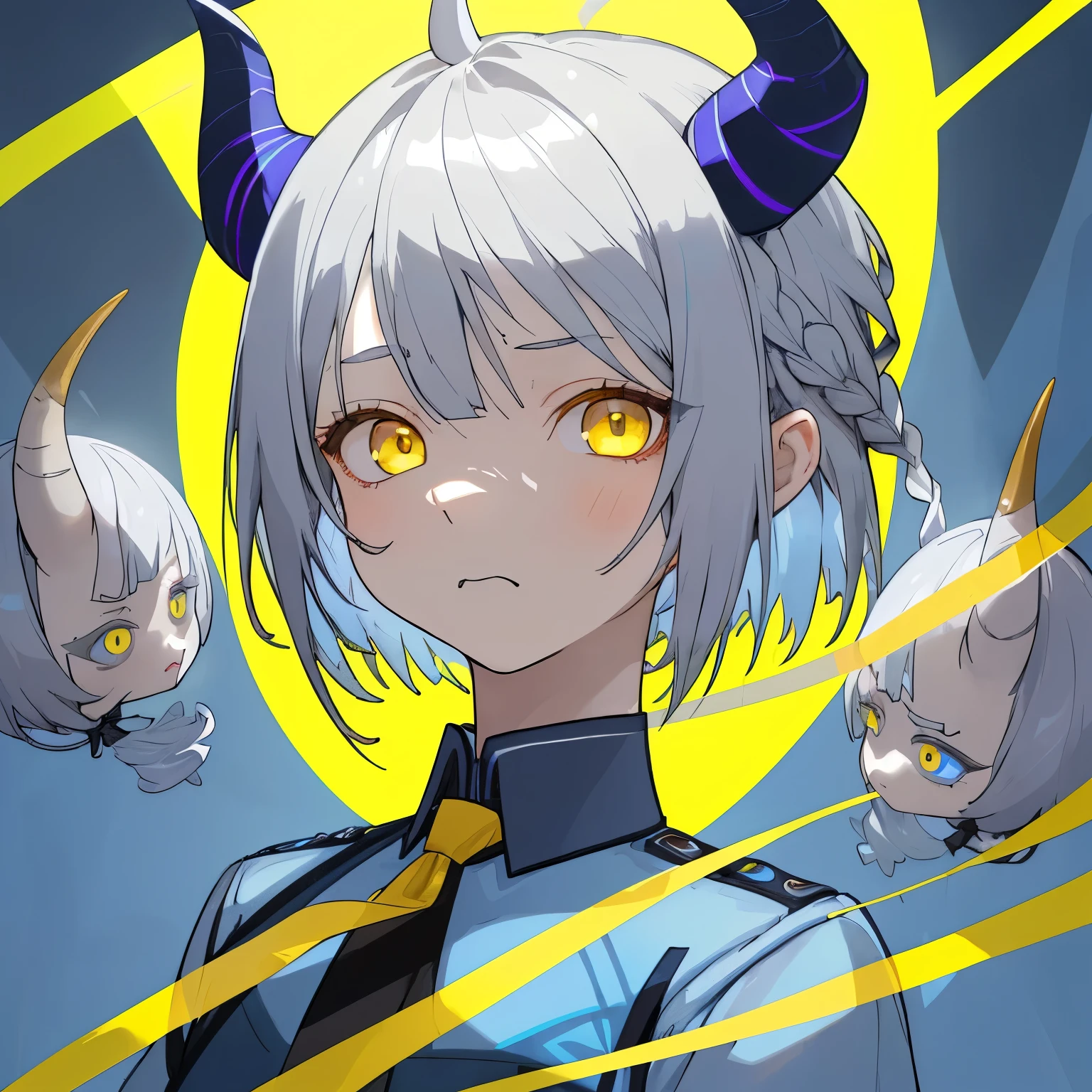 girl、Portraiture、Silver Hair、Yellow Eyes、short hair、Tie the braided hair at the back of the head、{Rin々Funny face}、Rin々New eyes、beautiful、Transparent、、Two short horns that bend upwards、Small horns growing in front、Blue Uniform、Serious expression
