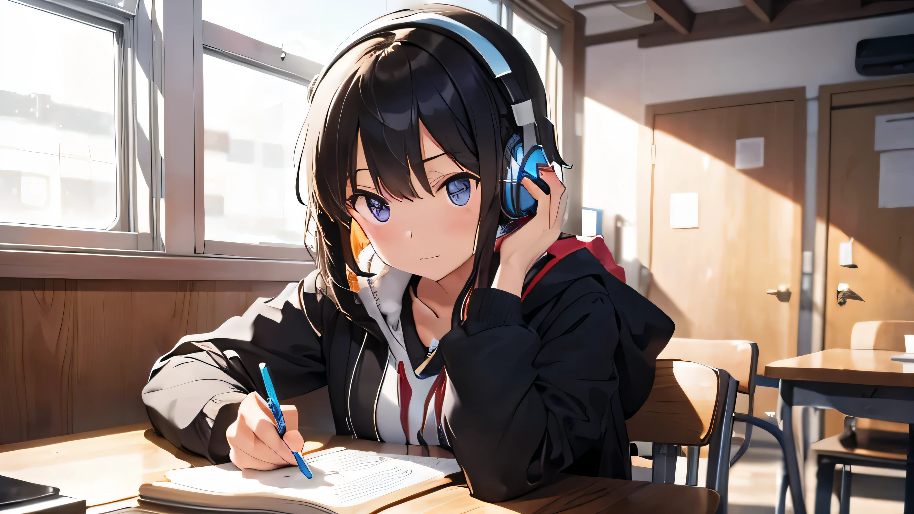 A girl is studying with headphones on