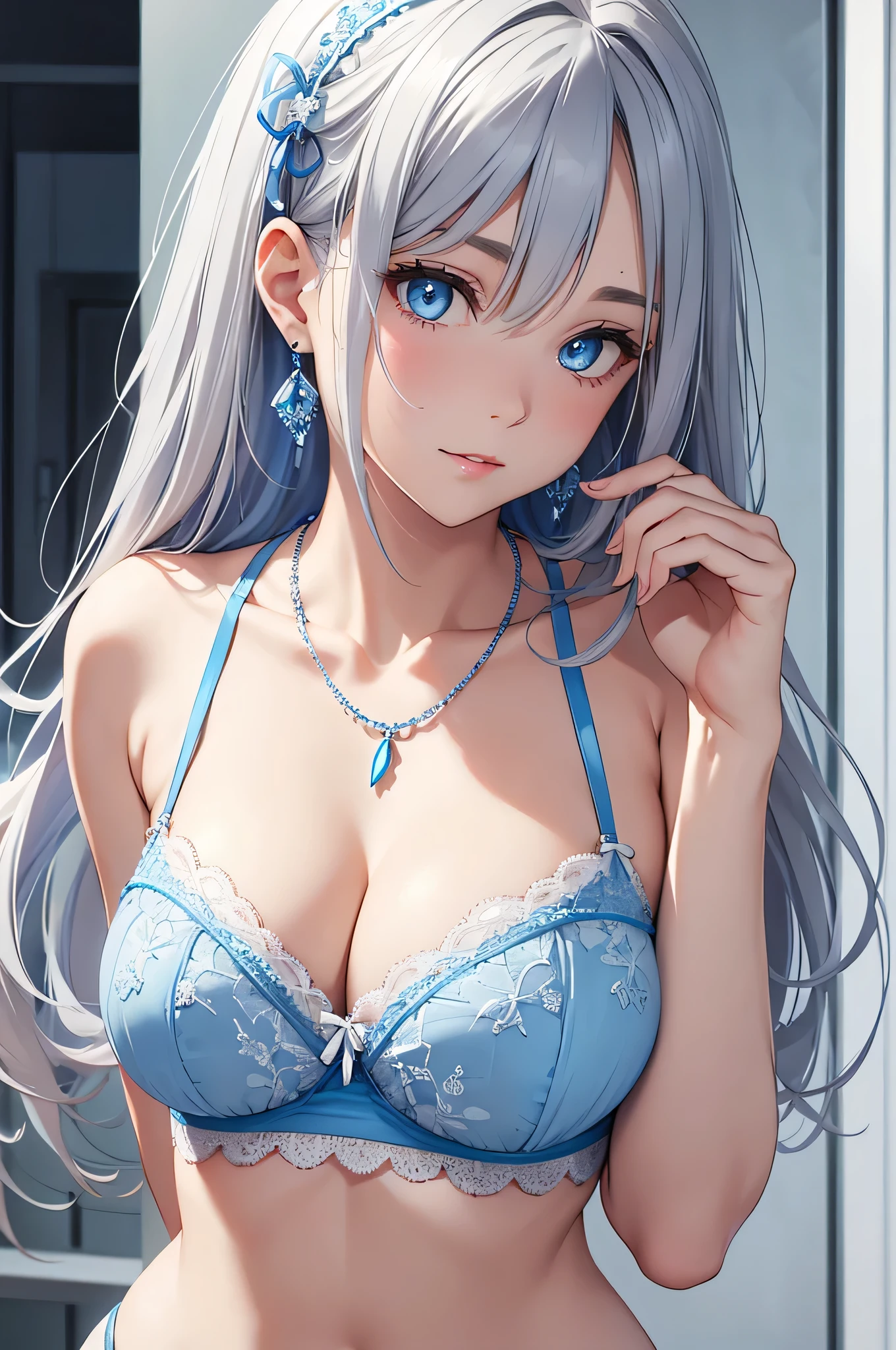 beautiful girl, Gray Hair, blue eyes, Light blue underwear and white lace, Very large breasts、Blue Necklace、Blue earrings