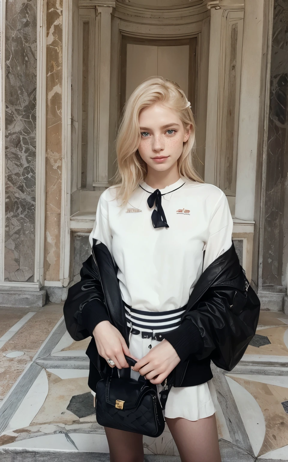 mulher, americana, 25 anos, pale skin and freckles, olhos cinzas, nariz delicado, soft and delicate lips, longo, cabelo blondie longo e ondulado na altura da cintura, sorriso meigo, face with delicate feminine facial features, altamente renderizado