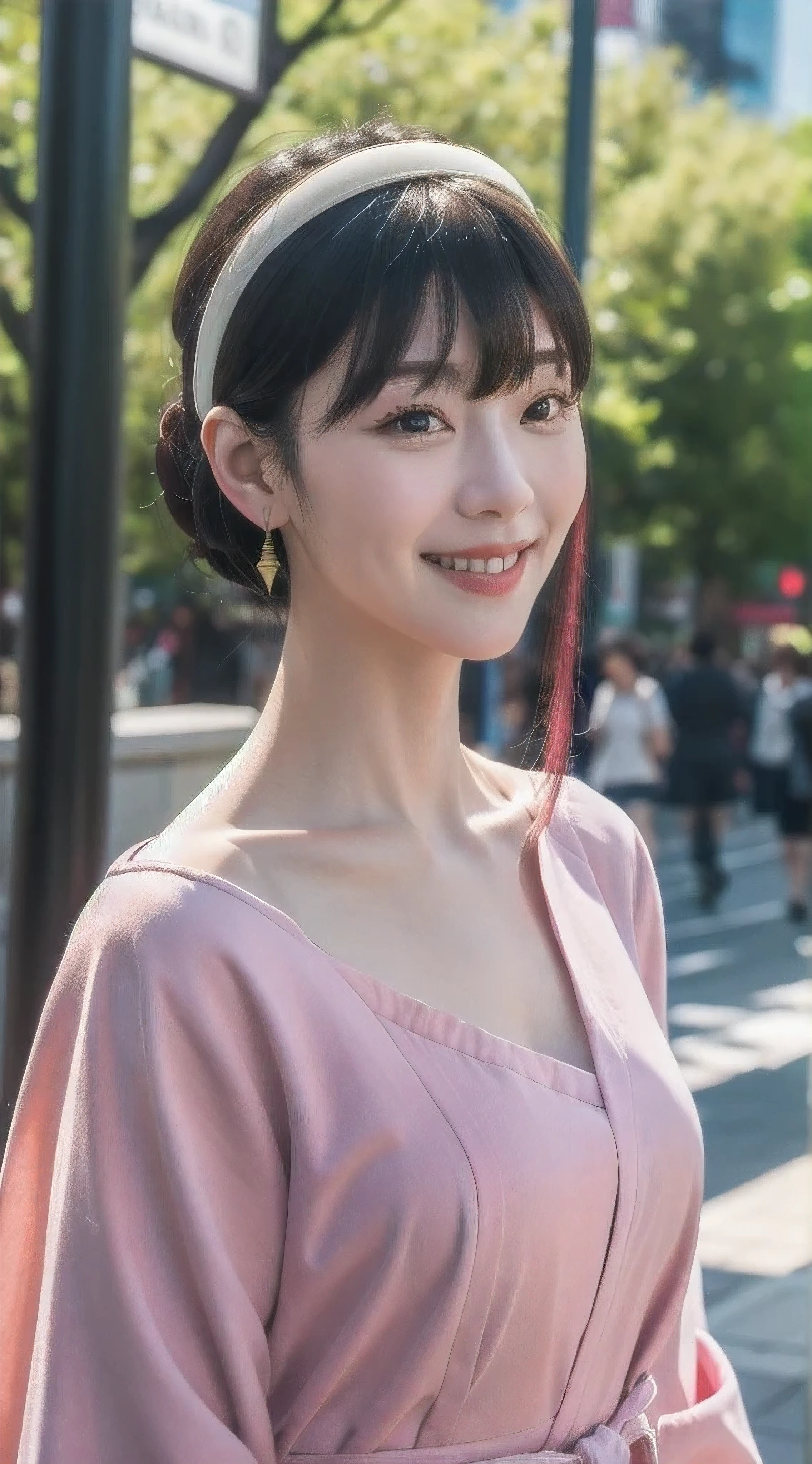 yor, Mature female, bangs, side locks, Red eyes, pink hair, hair adornments,sportrait, (face:1.2), schoolgirls, smile,bare shoulders, walking at time square buzz, (Robe:1.21), clavicle, Willow Branch, (masterpiece best quality :1.2),