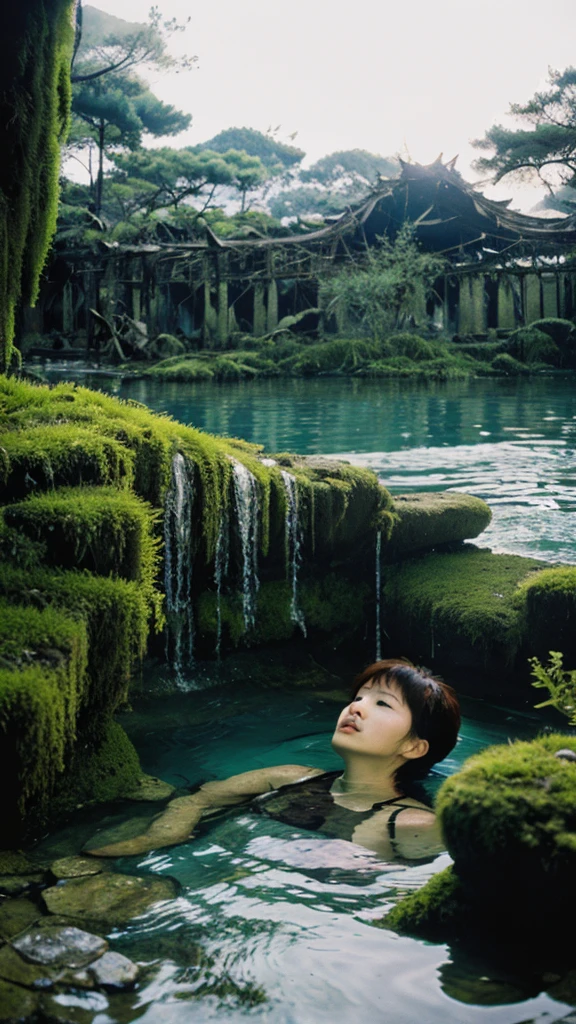 In the water,moss,Collapse,Devastation,Inside the ruins,Showa,Glasses,Women,adventure,Black and White,