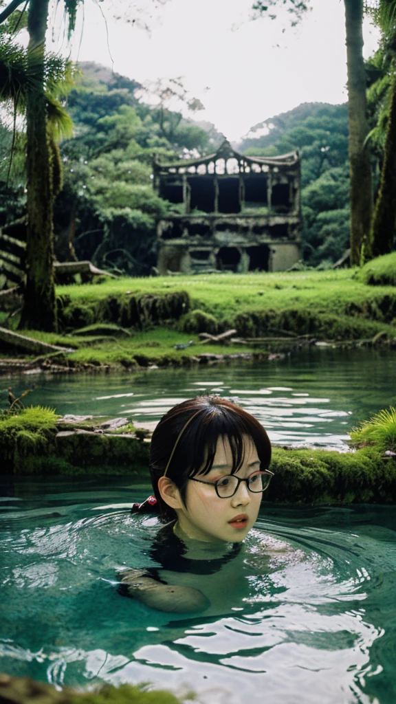 In the water,moss,Collapse,Devastation,Inside the ruins,Showa,Glasses,Women,adventure,Black and White,