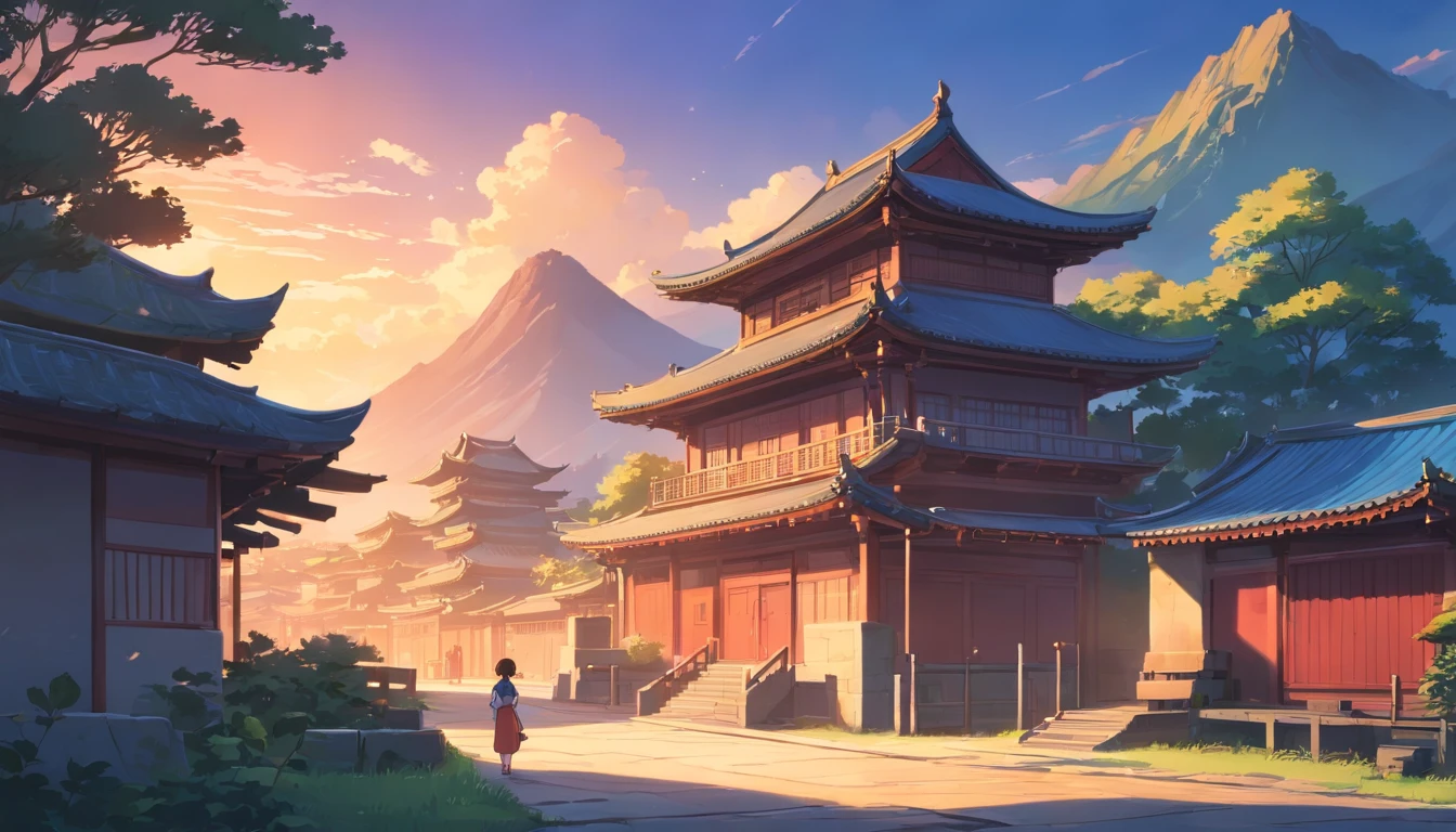 I want to design a background of ancient Chinese fighting houses, evening scene, cartoon style, anime style, close-up with a stone in the right corner and a wooden information board, in the left corner is empty land, in the distance are mountain ranges and have a number of small houses. I want a kungfu panda style landscape, a dark evening scene