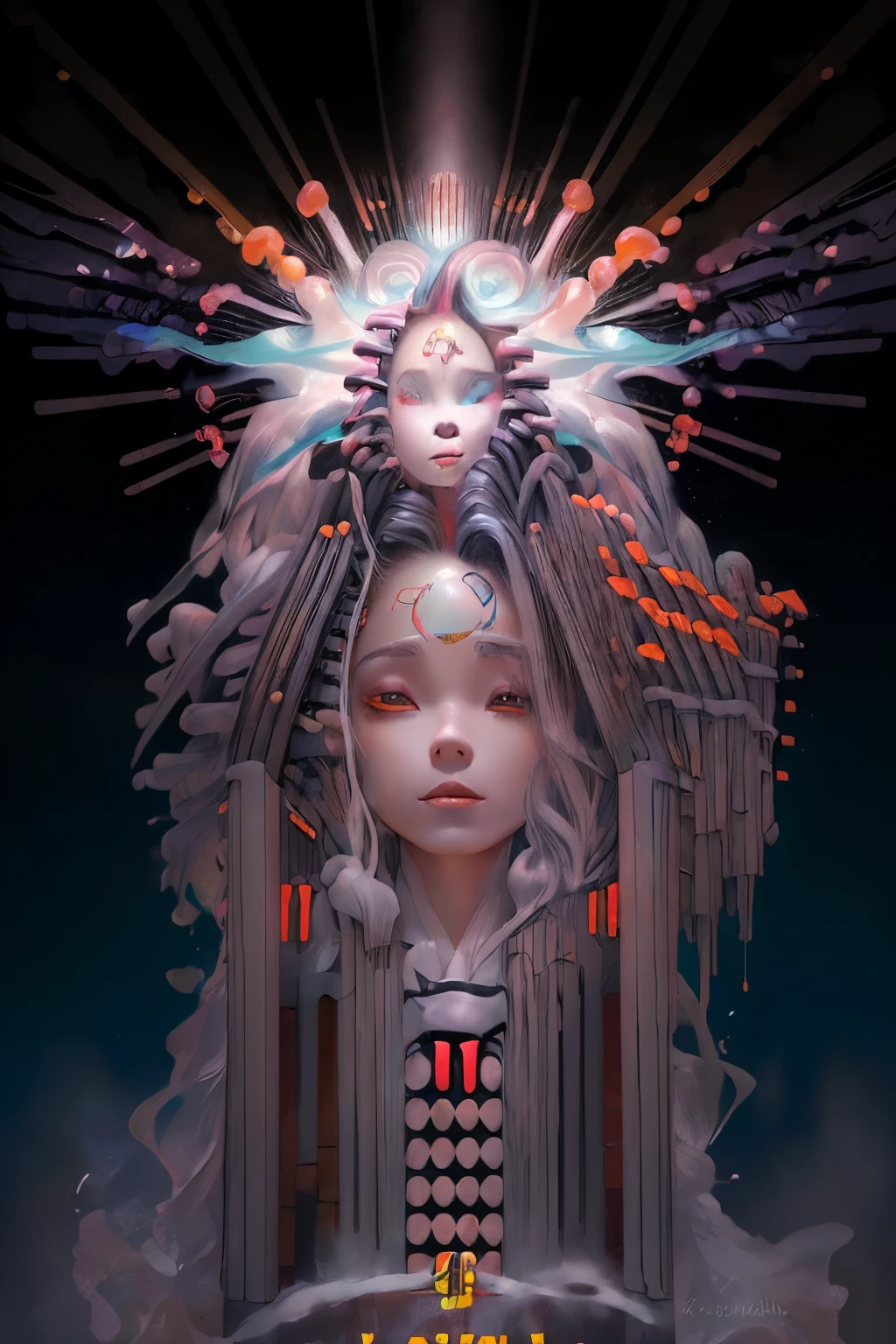 Top Cabinet、Ultra high definition、 ((female Brilliant alien princess)), (Long, flowing white hair), (bright and beautiful red eyes), Trending on Artstation, Jean＝Aunor Fragonard&#39;s「Flowers of Hope」, Peter Mohrbacher, Super detailed, Insane Details, amazing, Complex, elite, Art Nouveau, Brilliant, Liquid wax, elegant, luxury, Greg Rutkowski, Ink Style, Stickers, Vector Art Beautiful Character Design, Double Exposure Shot, Bright design, Awards, masterpiece, Amoled on a black background, (There is a female-like organ in the middle of the forehead.:1.9)（8k，RAW Photos， 最high quality， masterpiece：1.2），（Realistically， Photo Real：1.4)，Hide your face with sadness，
****ta Costume，race， Aerith Gainsborough， Upper body，Upper Leg，race， underwear，Exposed bare shoulders， outside， (outside，Snow covered，Cape，) high quality， Adobe Lightroom， Highly detailed skin， View your viewers，