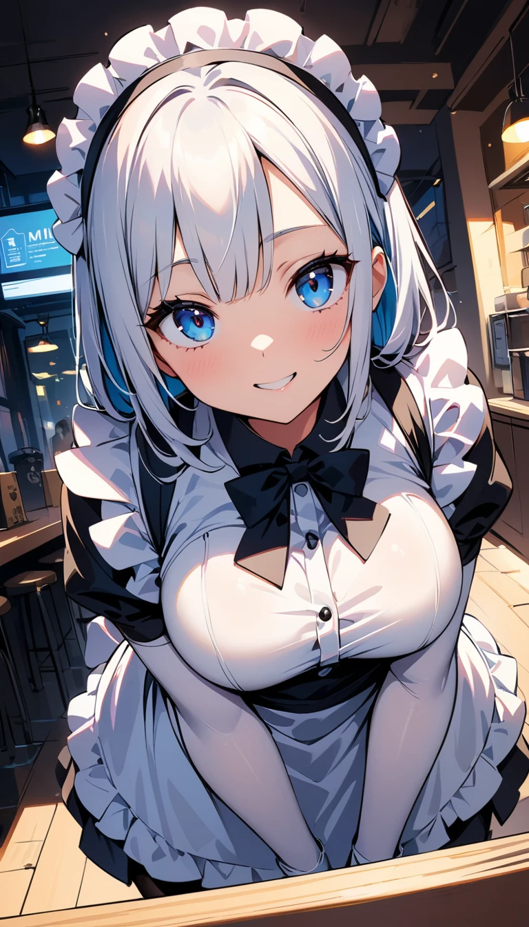 (high quality, 8k, 4K, High Contrast, masterpiece:1.2, 最high quality, Best aesthetics), , Maid, Very detailed, Seductive and erotic girl with lace headdress, smile, (Medium breast, Silver fur), Focus on the face, Focus on the face, Complex eyes, tights, laced tights, coffee shop, Ground angle shot, Viewers looking up, feet in tights, Open-chested clothing