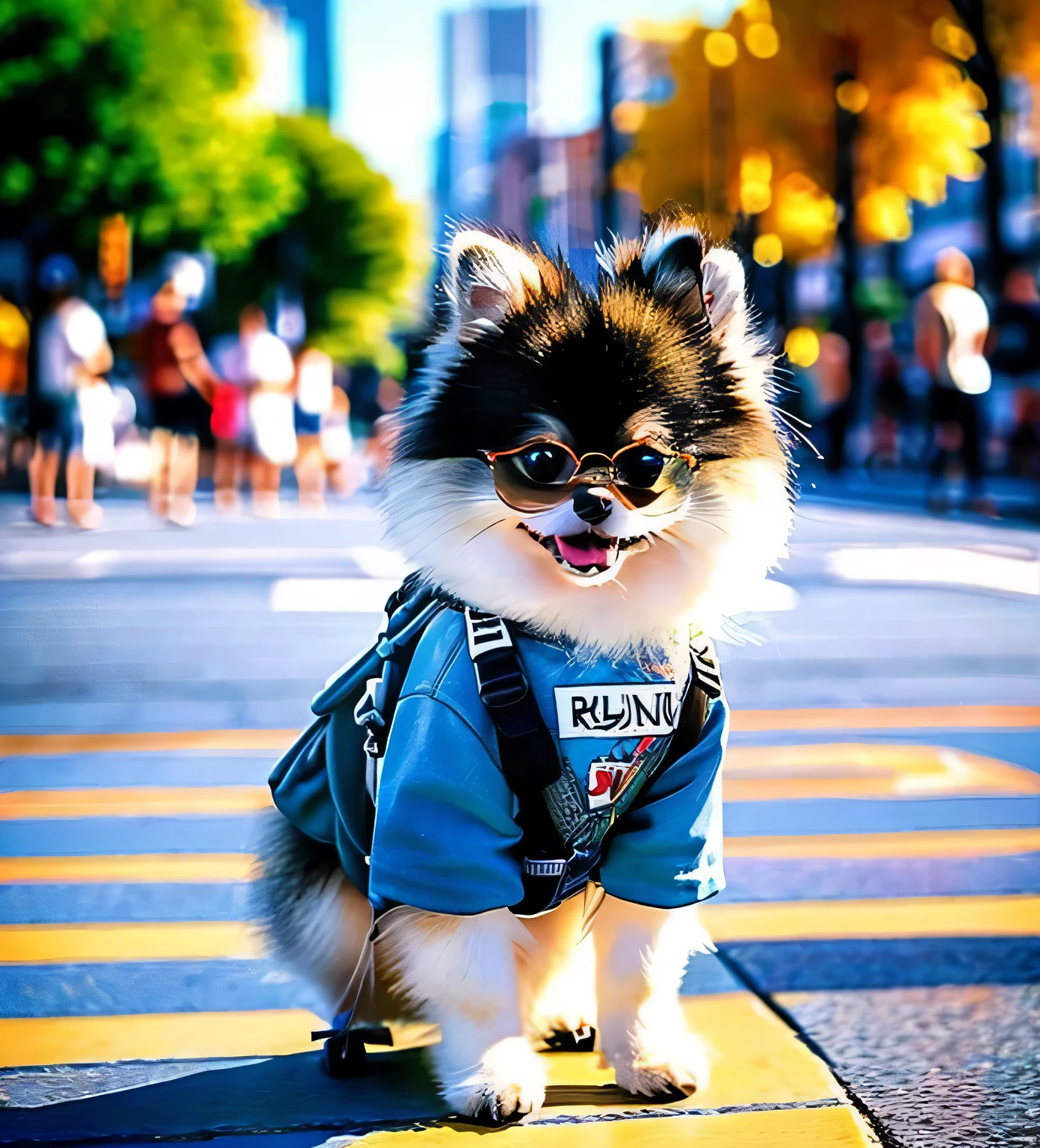 Real, a small dog, gray Pomeranian, sunny city street, t-shirt, jean shorts, skateboarding shoes, backpack, black-rimmed glasses, highest quality, highest picture quality, sunny day, cityscape, a Pomeranian in a fashionable outfit walking very coolly on a city road, and then he puts his hands in his pockets and poses for the camera