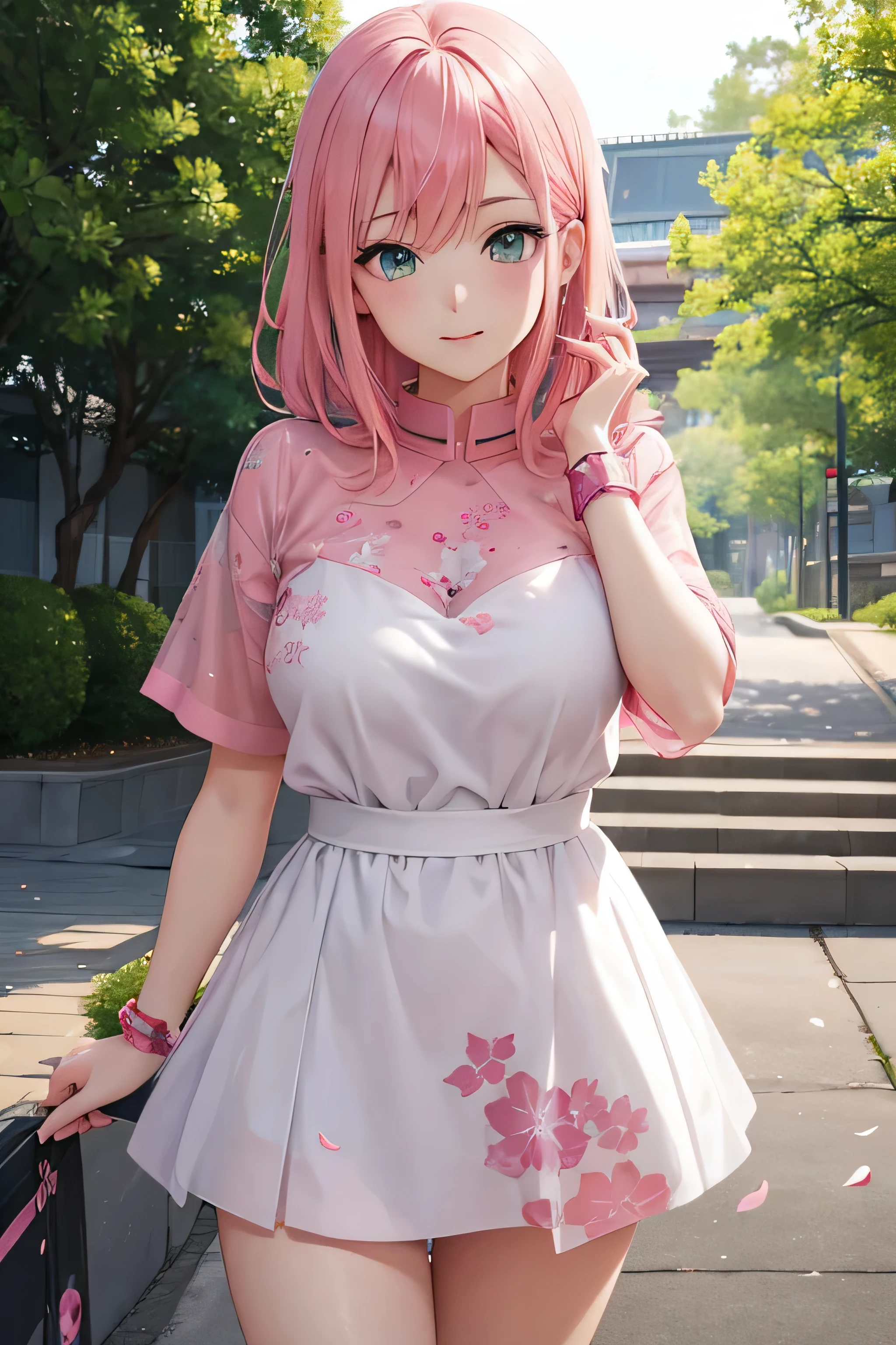 anime girl with pink hair and green eyes posing for a picture, haruno sakura, best anime 4k konachan wallpaper, seductive anime girl, marin kitagawa fanart, sakura petals around her, splash art anime , anime style 4 k, anime moe artstyle, high quality anime artstyle, detailed anime artwork, anime wallaper, anime best girl