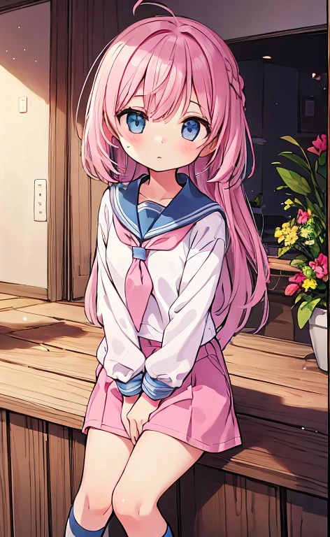 Beautiful illustrations, highest quality, (12 year old girl:1.4)、(pretty girl:1.5)、、Flat Chest、Sailor collar、(White long tunic)、Long sleeve sailor suit、Blue-line cuffs、(pink chino shorts:1.4)、(pink shorts with wide opening:1.2)、Gap between thigh and pants、Slim thighs、White socks、 Cinematic lighting, (Pink Long Hair)、Pink Straight Hair、Redness on the cheeks、(Braiding of the back of the head)