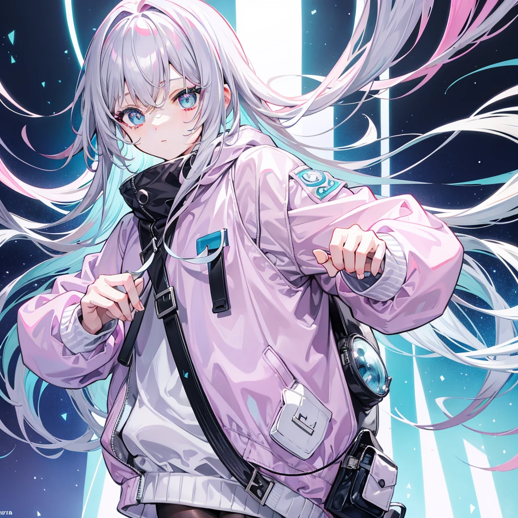Gray-pink bangs，Blue-green pupils，Wear a silver-white jacket and pink sweater，Wearing a blue scat's a cute girl