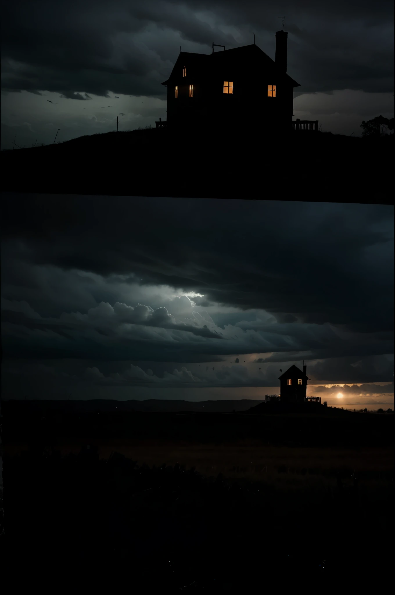 An eerie silhouette of the abandoned haunted house against a dark, ominous sky.