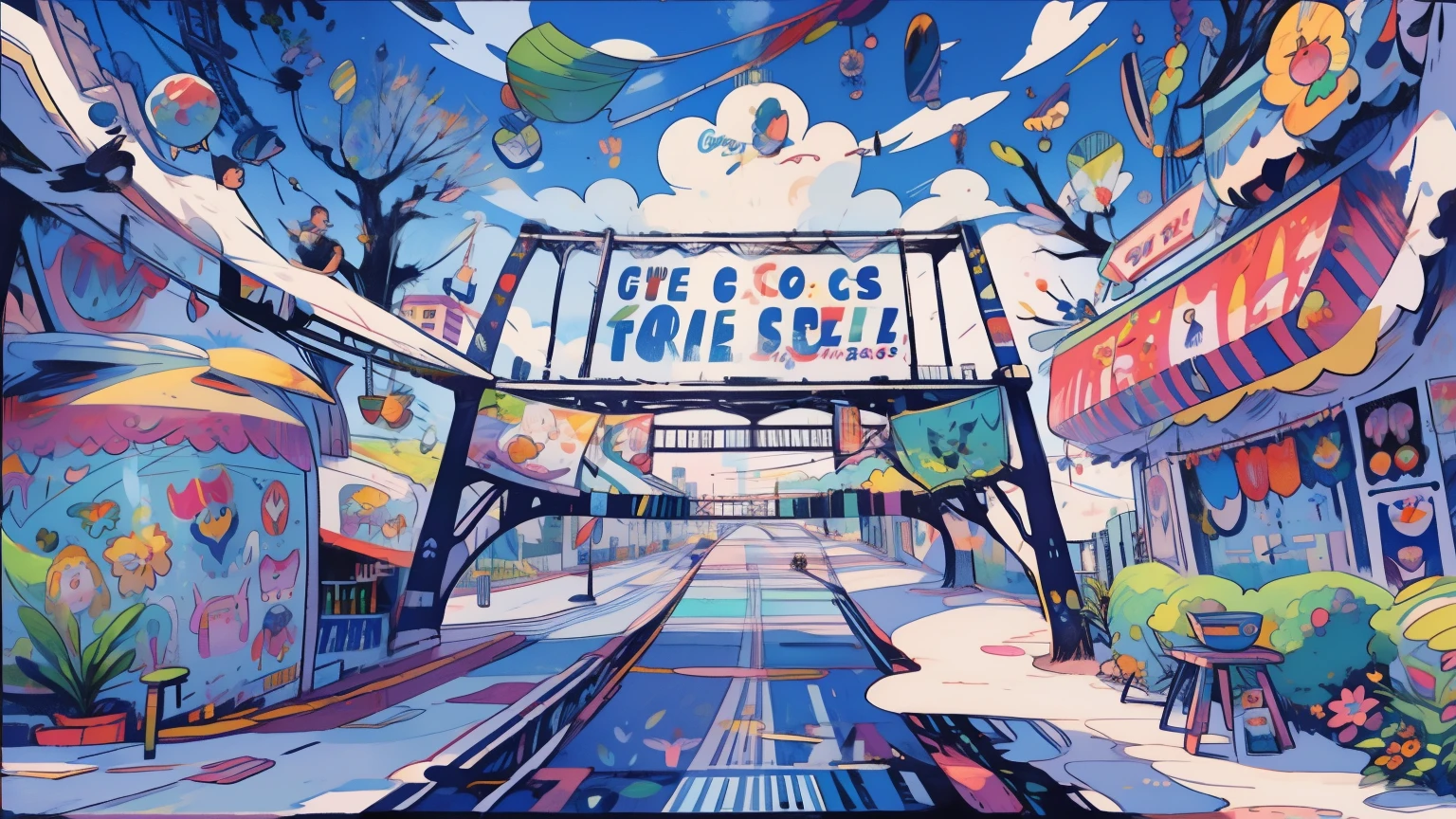 Cartoon characters graffiti on a TV screen in a city, city promotion poster, bridge,Flowers,Trees,Clouds,official art works, 8K cartoon illustration, game illustration