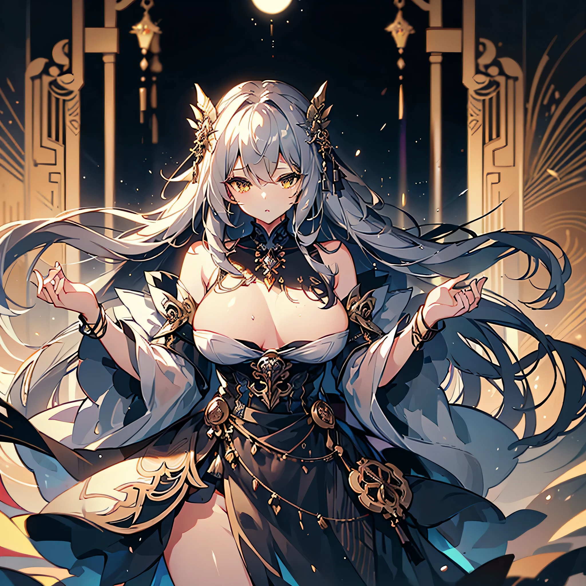 (One girl),Breast augmentation,(super high quality), masterpiece, (strong), Relaxed atmosphere,Golden Eyes, Beautiful expression, Perfect body, (Big Tits), Hair grows longer,Highly detailed face and eyes, (Silver Hair, Deep gradation golden eyes), beautiful, Cinema Lighting.tonality,Advanced Details, highest quality, Only 5 fingers,cute,silver and black dress,Moon Goddess,Moon Hair Ornament,indoor,Wet clothes,Open-chested clothing,Sexy cute