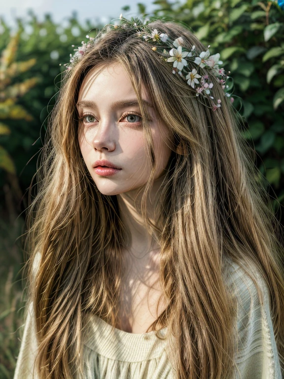 style girl with long hair and flowers in her hair.UHD, masterpiece, super detail, best quality, highres, 16k, HD