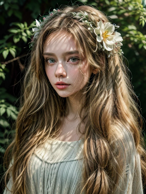 style girl with long hair and flowers in her hair.UHD, masterpiece, super detail, best quality, highres, 16k, HD