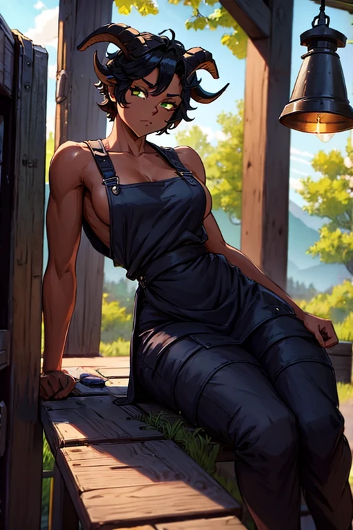 (Masterpiece) (High Detail) (High Res) (Black Skin) (Anime) (Full body picture) A beautiful young adult, black humanoid FutEred, dark skin, soft detailed face, detailed green eyes, short scruffy black hair, goat ears, short symmetrical black goat horns, looking smug at the camera, toned body, small breasts, wearing a leather work apron and loose pants, dressed like a blacksmith, working in a smithy