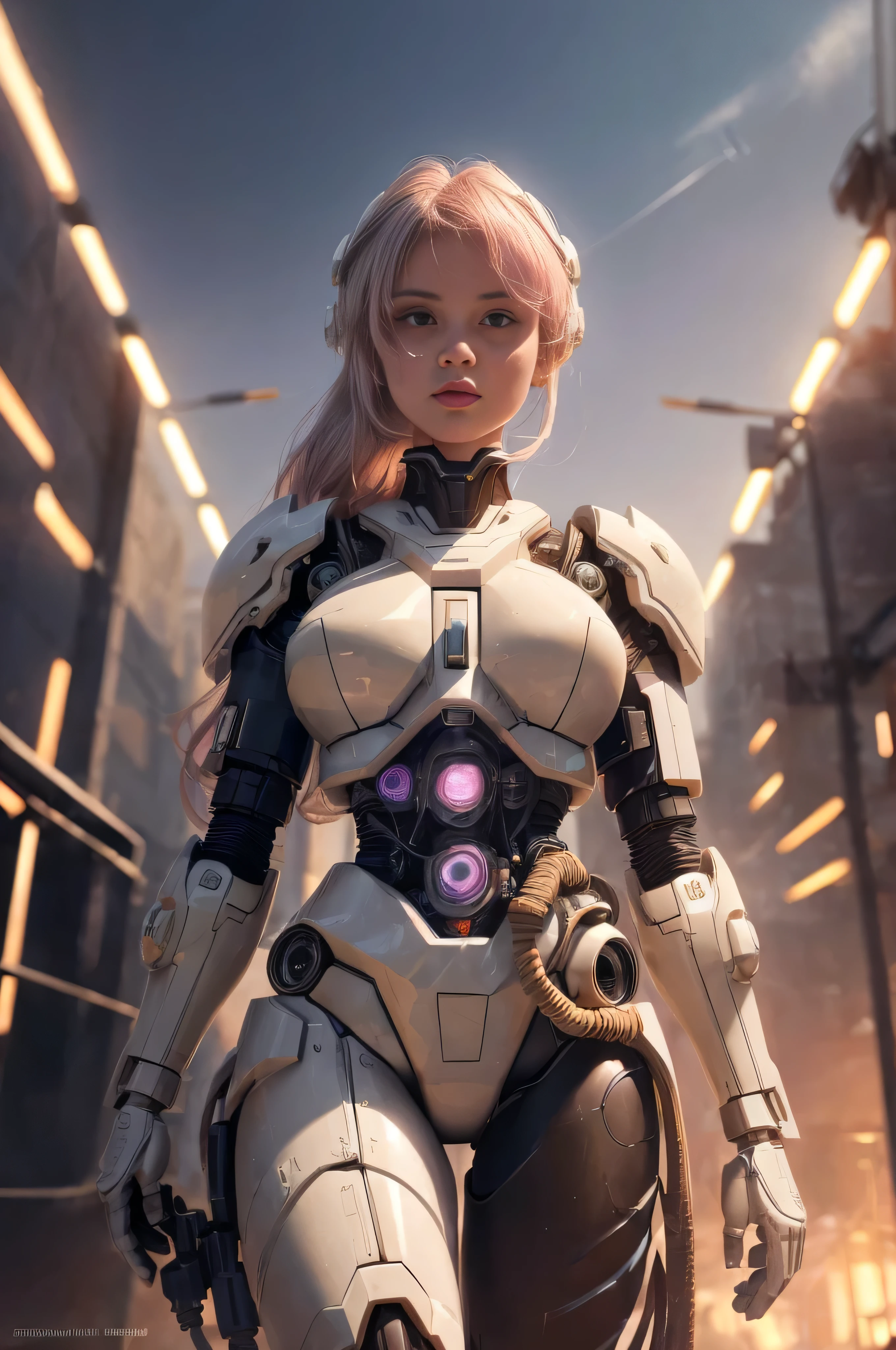 1mechanical_girl_with_kidou_keisatsu_patlabor_body , wearing_intricate_bioluminescent_mechanical_cyborg_armor_made_out_of ((white_beige_old_plastic)) , ((ultra realistic details)), detailed_face, global_illumination, shadows, octane_render, 8k, ultra_sharp, metal, ornaments_detailed, cold_colors, egypician_detail, highly_intricate_details, realistic_light, trending_on_cgsociety, glowing_eyes, look down on someone, ((from below)), lifted by self, looking at viewer, neon_details, machanical_limbs, blood_vessels_connected_to_tubes, ((lot_wires_and_cables_connecting_to_head_and_body)), killing_machine, extremely_sexy, lustful, medium breasts, slutty , official wallpaper, NSFW, In the style of Neon Genesis Evangelion, you find yourself standing on a desolate, post - apocalyptic wasteland, as the distant ruins of a massive city loom on the horizon. The sky is filled with ominous clouds, as a massive creature towers in the distance, cinematic light, dramatic light, pink + violet