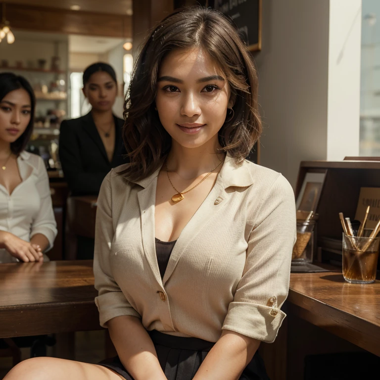 (in 8K, Raw-Photo, best quality, ​masterpiece:1.2), (epicrealism), 1 girl , 31yo, 3/4 body, a beauty, thai ancestry, beautiful thai girls, beautiful thai women, mestiza,  perfect face, slim normal body, wolf cut, (wavy hair), bob cuts hair,(Cute smile), looking at viewer, blazers, tucked in shirts, short knee-length skirt, office outfit, professional look, A-cup, (gold necklace:1.2), ((The highest quality, 16 k, masterpiece: 1.3)), Biologically Correct Human, reference, detailed faces, luscious lips, detailed lips, detailed eyes, detailed hair, glittering eyes, realistic pupils, detaioed eyess, outdoor, sitting, elegance, at the coffee shop, light on the face, dynamic lighting, early afternoon, , bright white ambience light, backlight, summer, people in the background watching, deep depths of field, blurry background, dynamic background