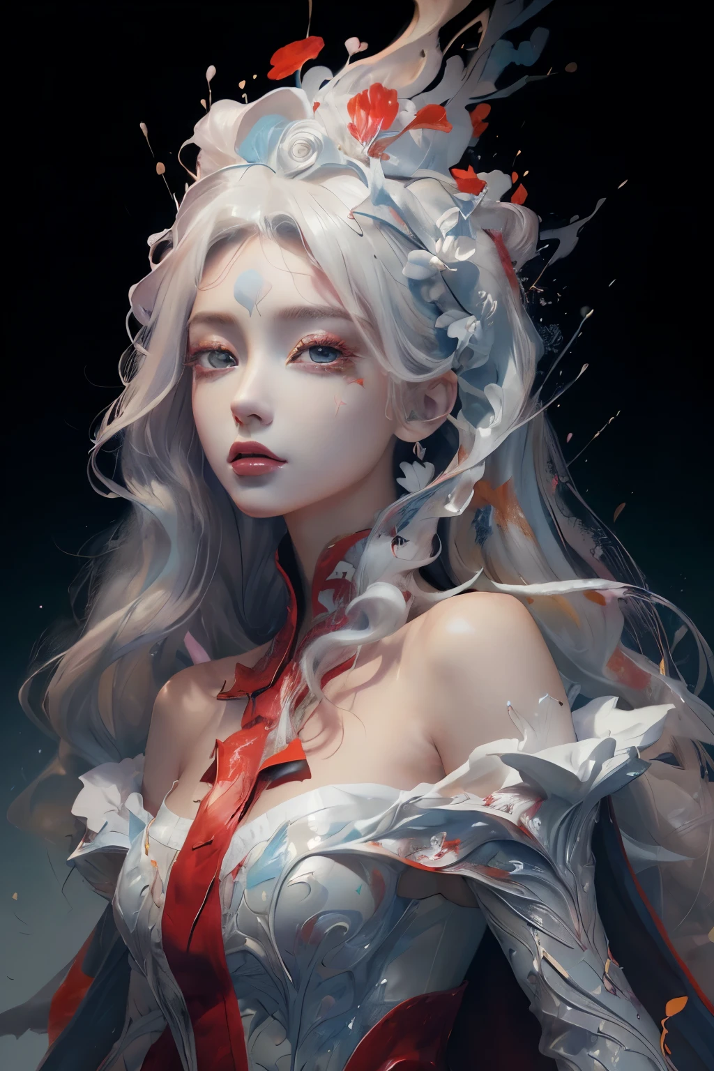 Top Cabinet、Ultra high definition、 ((female Brilliant alien princess)), (Long, flowing white hair), (bright and beautiful red eyes), Trending on Artstation, Jean=Aunor Fragonard's「Flowers of Hope」, Peter Mohrbacher, Super detailed, Insane Details, amazing, Complex, elite, Art Nouveau, Brilliant, Liquid wax, elegant, luxury, Greg Rutkowski, Ink Style, Stickers, Vector Art Beautiful Character Design, Double Exposure Shot, Bright design, Awards, masterpiece, Amoled on a black background, (8k,RAW Photos, 最high quality, masterpiece:1.2),(Realistically, Photo Real:1.4),Hide your face with sadness, ta Costume,race, Aerith Gainsborough, Upper body,Upper Leg,race, underwear,Exposed bare shoulders, outside, (outside,Snow covered,Cape,) high quality, Adobe Lightroom, Highly detailed skin, View your viewers,