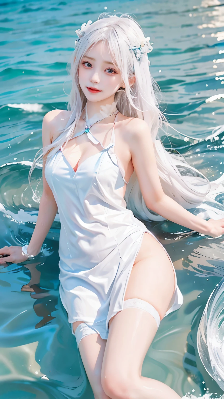 Please draw an extremely beautiful girl with beautiful, clear white hair in marine art.。Her hair is、The sea breeze blows、It sparkles and shines in the sunlight。Its beautiful hair is、Flowing gracefully like a wave、It shines like a pearl sinking in the sea.。Her eyes are the color of the deep sea、Behind it lies an infinite radiance。Her smile is as gentle as the ocean waves、Its beauty is like a jewel lying at the bottom of the sea.。her appearance、It is as graceful and beautiful as the ocean waves crashing on the shore.。Her beautiful white hair fluttering in the sea breeze、Create art that is one with the deep beauty of the ocean.。