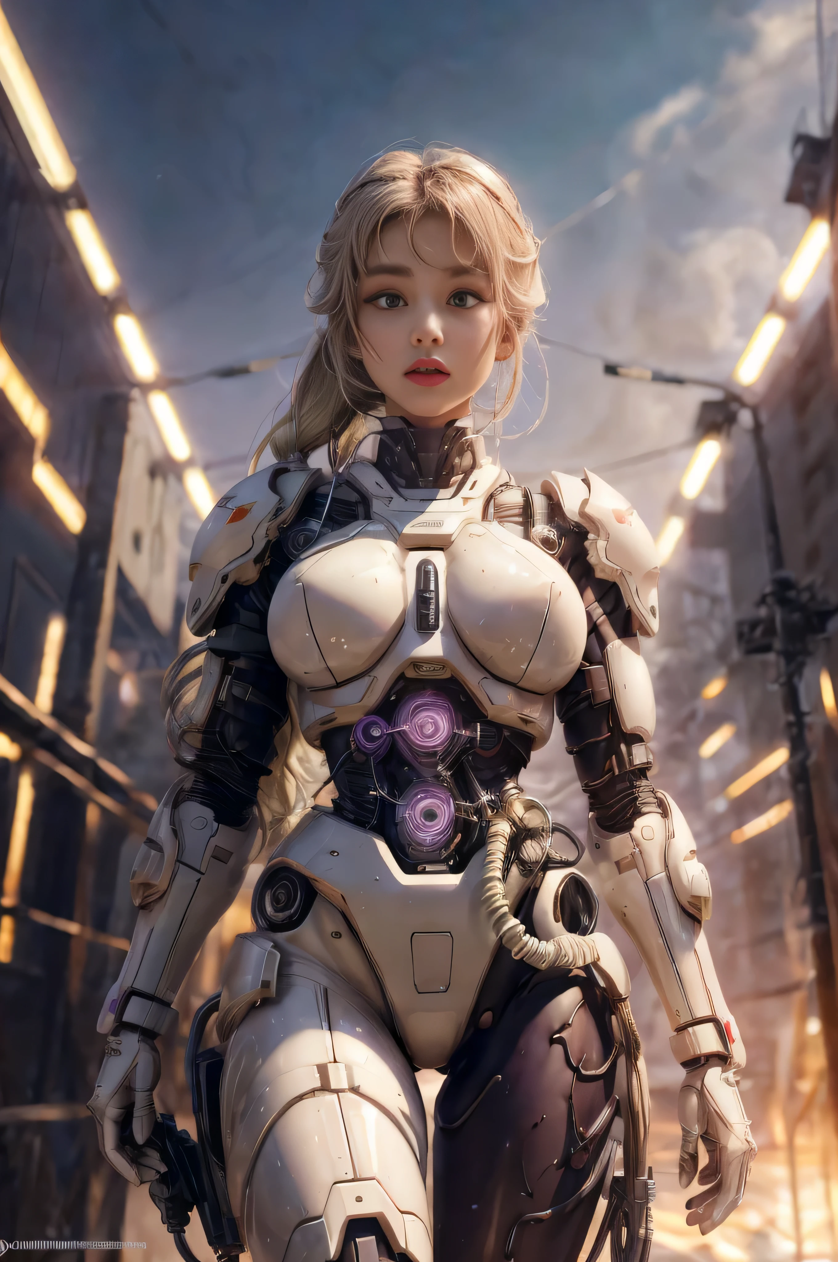 1mechanical_girl_with_kidou_keisatsu_patlabor_body , wearing_intricate_bioluminescent_mechanical_cyborg_armor_made_out_of ((white_beige_old_plastic)) , ((ultra realistic details)), detailed_face, global_illumination, shadows, octane_render, 8k, ultra_sharp, metal, ornaments_detailed, cold_colors, egypician_detail, highly_intricate_details, realistic_light, trending_on_cgsociety, glowing_eyes, look down on someone, ((from below)), lifted by self, looking at viewer, neon_details, machanical_limbs, blood_vessels_connected_to_tubes, ((lot_wires_and_cables_connecting_to_head_and_body)), killing_machine, extremely_sexy, lustful, medium breasts, slutty , official wallpaper, NSFW, In the style of Neon Genesis Evangelion, you find yourself standing on a desolate, post - apocalyptic wasteland, as the distant ruins of a massive city loom on the horizon. The sky is filled with ominous clouds, as a massive creature towers in the distance, cinematic light, dramatic light, pink + violet