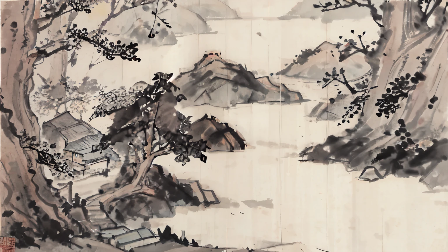 (masterpiece, best quality: 1.2), Traditional Chinese ink painting, houses，Trees，Flowers and Grass，
