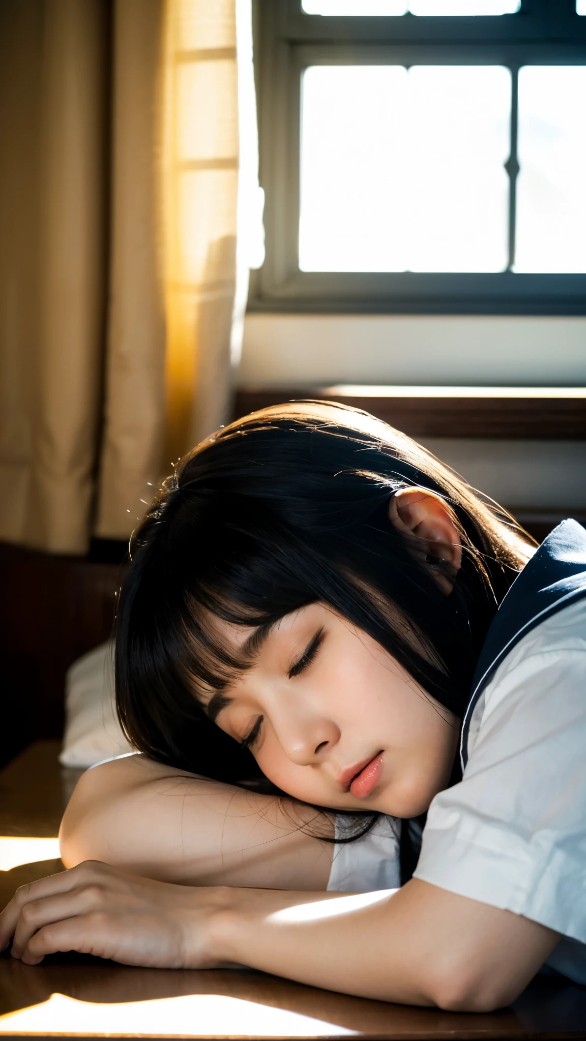 (highest quality,masterpiece:1.3,Ultra-high resolution),(Super detailed,Caustics,8k),(Photorealistic:1.4,RAW shooting),(School classroom),(Girl sleeping with her head on the desk:1.2),18-year-old,Japanese,Short black hair,(cute sleeping face),(Eyes closed:1.1),Sailor suit,(The light coming in from the window illuminates the girl),(Curtains fluttering in the wind),(Bust up shot),(Face Focus),(Face close up),Low - Angle,Low position,Natural light