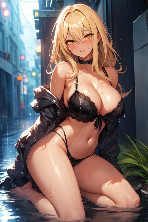 (SLE, mksks style, ), (man, female), mature woman, 섹시한 man((black skin)), fancy 드레스, long hair, blond hair, beautiful hair, eye 위의 머리카락, yellow_eye, voluptuous body, ((pain, moaning, Pleasure)), career woman, ((exposing voluptuous breasts)),((I can see your wet body..)) head tilt,whole body, volumetric lighting, In the alley on a rainy night, fancy, sweat, Warmth((man1명, female 1명 키스))