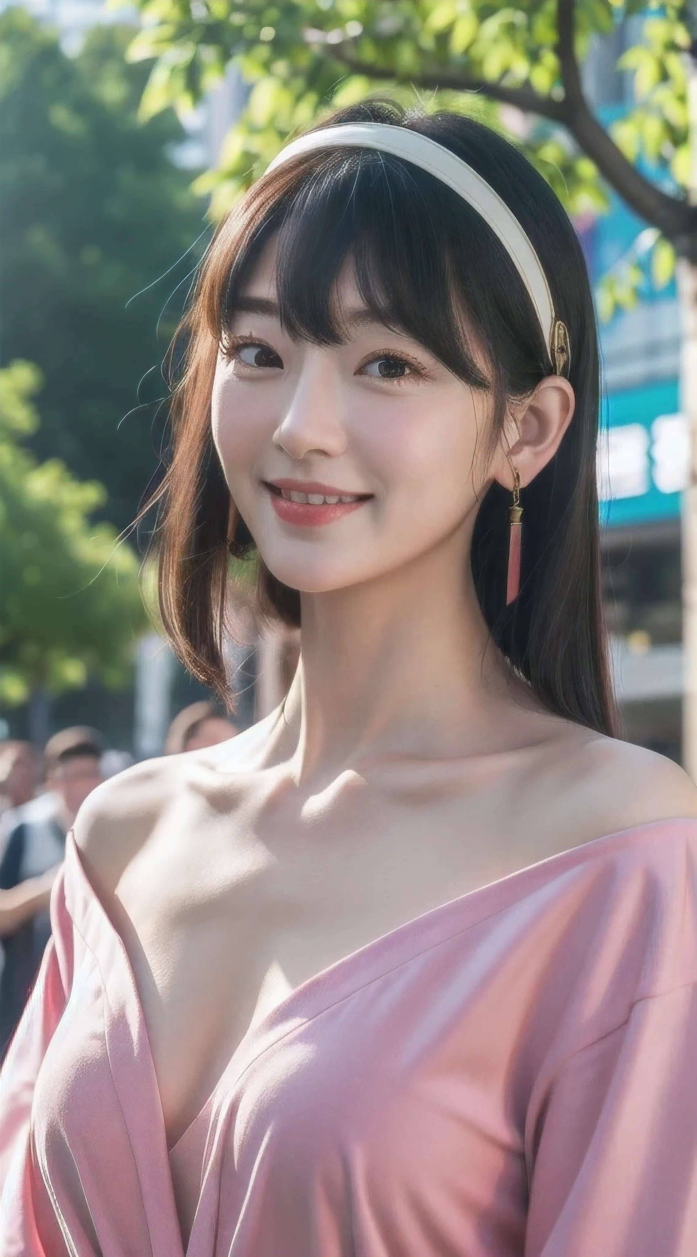 yor, Mature female, bangs, side locks, Red eyes, pink hair, hair adornments,sportrait, (face:1.2), schoolgirls, smile,bare shoulders, walking at time square buzz, (Robe:1.21), clavicle, Willow Branch, (masterpiece best quality :1.2),