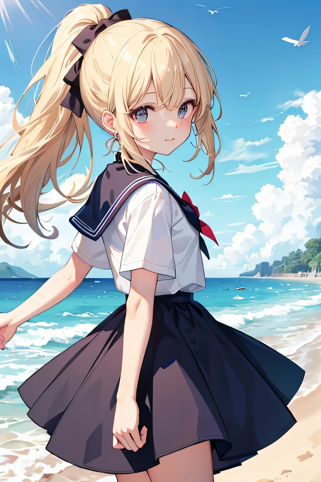 ((highest quality)), ((masterpiece)), (detailed), Perfect Face、Walking along the beach、look back、blonde、ponytail、Straight Hair、Earrings、Short-sleeved sailor suit、Blue Skirt、Looks happy、Number of arms、