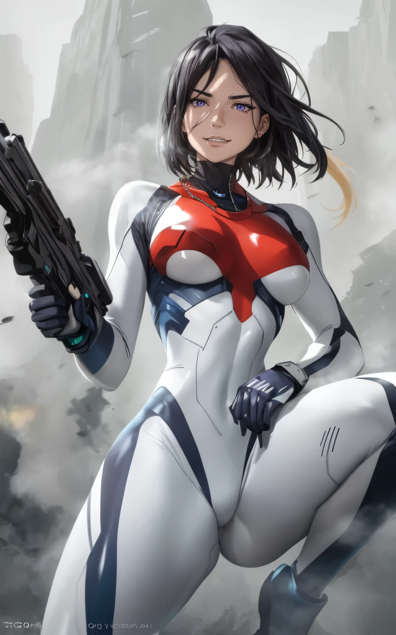 izumi_nase, short hair, black hair, purple eyes, jewelry, necklace, anatomically correct, heavy breathing, mature female, weapon, solo, realistic, lips, breasts, bodysuit, gun, zero_suit, looking_at_viewer, skin_tight, large_breasts, "Vector art, Vivid colors, Clean lines, Sharp edges, Minimalist, Precise geometry, Simplistic, Smooth curves, Bold outlines, Crisp shapes, Flat colors, Illustration art piece, High contrast shadows, Technical illustration, Graphic design, Vector graphics, High contrast, Precision artwork, Linear compositions, Scalable artwork, Digital art", sweating, steaming body, fog, (shaded face:1.2), hollow eyes, purple eyes, looking at viewer, (heavy breathing:1.2), smirk, upper teeth, lips, nsfw,