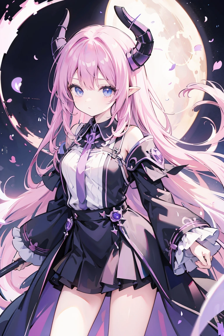 Anime style girl with long pink hair with blue eyes and black demon crown and black demon purple gown with scythe black and purple moon background