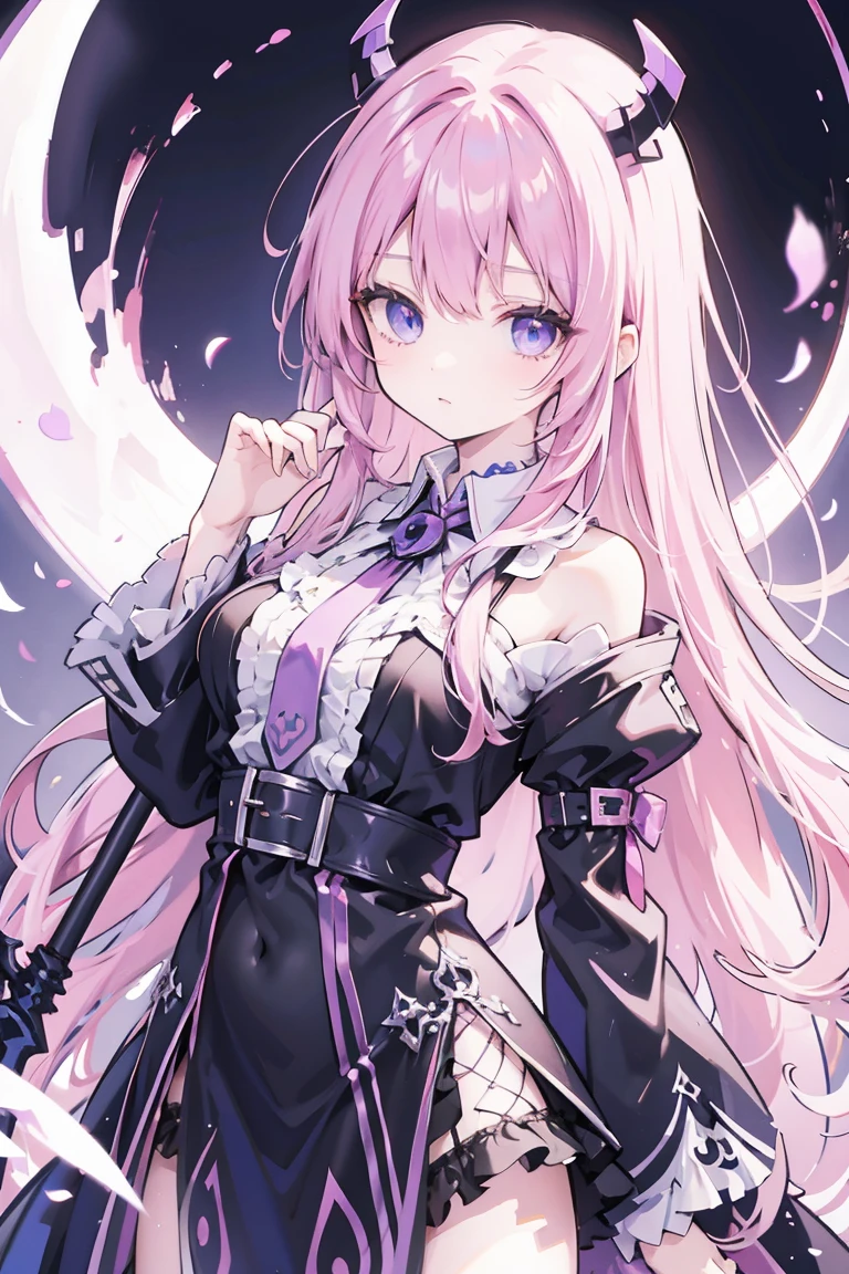 Anime style girl with long pink hair with blue eyes and black demon crown and black demon purple gown with scythe black and purple moon background