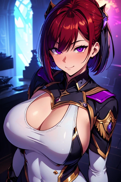 (masterpiece, highest quality, Very detailed, Best Shadow), (Detailed Background,Dark fantasy), (Beautiful and elaborate face), High Contrast, (Best lighting, Very delicate and beautiful), ((Cinematic Light)), colorful, Hyper Detail, Dramatic Light, Intricate details, (1 girl, alone,Redhead, 2 Tone, Short Bob, Sharp Face,Purple eyes, Hair between the eyes,Dynamic Angle, Big Breasts), Black light swirling around the character, Written boundary depth,black light particles,(Warrior, White one-piece military uniform, woman, Looking to the future, accurate needle, Five perfect fingers, head shot, Shooting from above, Cheerfulness, smile, Really beautiful girl, unreddish skin, Half naked