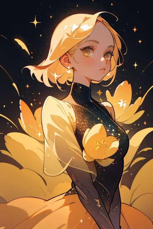 (best quality, masterpiece), 1girl, galaxy, glitter, dress, particle, wind, flower, upper body, dark simple background, looking at viewer, blonde,