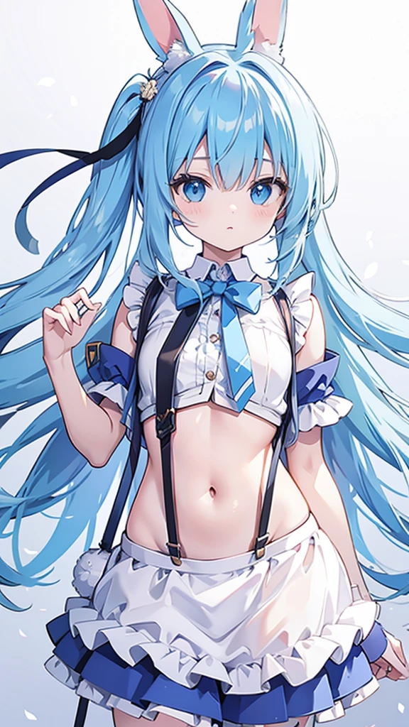 dakimakura style,hyper cutest shota,
light blue hair,loose long hair,rabbit shotas,(Reliable blue suspenders for hanging frilly miniskirts),(bare navel and stomach),School festival, bunny ear waitress,