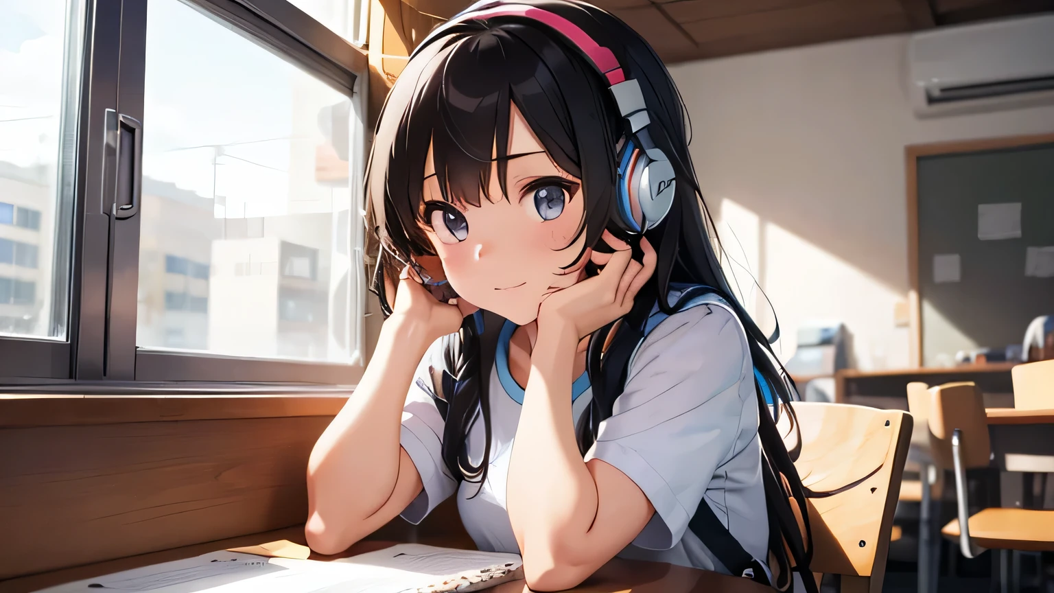 A girl studying with headphones on