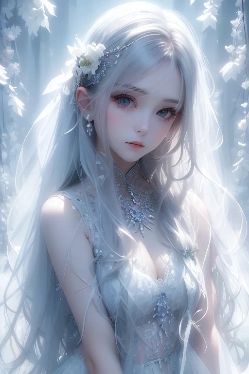 One girl, Long Hair, flower, Lisianthus, in the style of white and light azure, A dreamy, romantic piece, white, Mysterious Leaves, A playful arrangement, Fantasy, High Contrast, Ink strokes, explosion, Exposure, white and white tone impression, Abstract, Attractive pose,