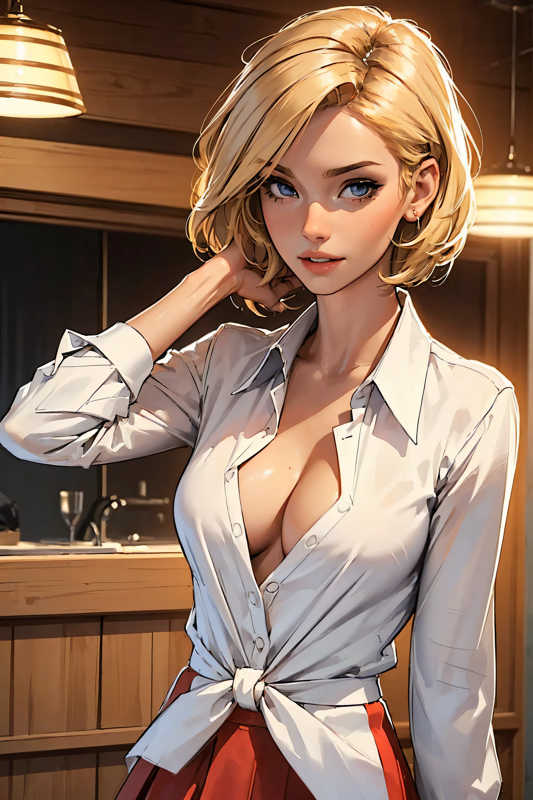((((masterpiece, best quality, high resolution)))), Extremely detailed 8K, Beautiful girl with slender body, (Ultra HD, Ultra-detailed, Highly detailed, Highly realistic, Ultra-realistic, photograph realistic), (1girl:1.5), (Realistic blonde hair with dark roots), short wavy hair, bob cut, (dynamic poses), facing at camera, light smile, (beautiful detailed face, beautiful detailed eyes), (girl wearing dress shirt tied in a knot and white and red striped mini skirt), see through top, cleavage, glow, sweat, (sunbeam, sunlight), detailed makeup
