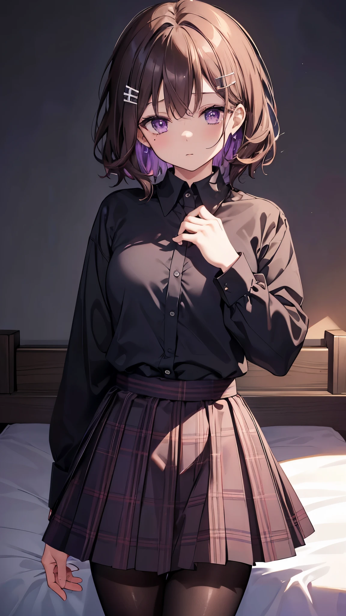 madokahiguchi, Madoka Higuchi YD, Brown Hair, Eyebrows hidden by hair, Gray background, hair ornaments, Hair Clip, Mole, Mole under eye, (Purple eyes:1.1), short hair, Wavy Hair, break black pantyhose, black shirt, pantyhose, Plaid, Plaid skirt, pleated skirt, , shirt, skirt, break indoors, bed, break looking at viewer, (Cowboy Shot:1.5), break (masterpiece:1.2), highest quality, High resolution, unity 8k wallpaper, (figure:0.8), (Beautiful fine details:1.6), Highly detailed face, Perfect lighting, Highly detailed CG, (Perfect hands, Perfect ???????),