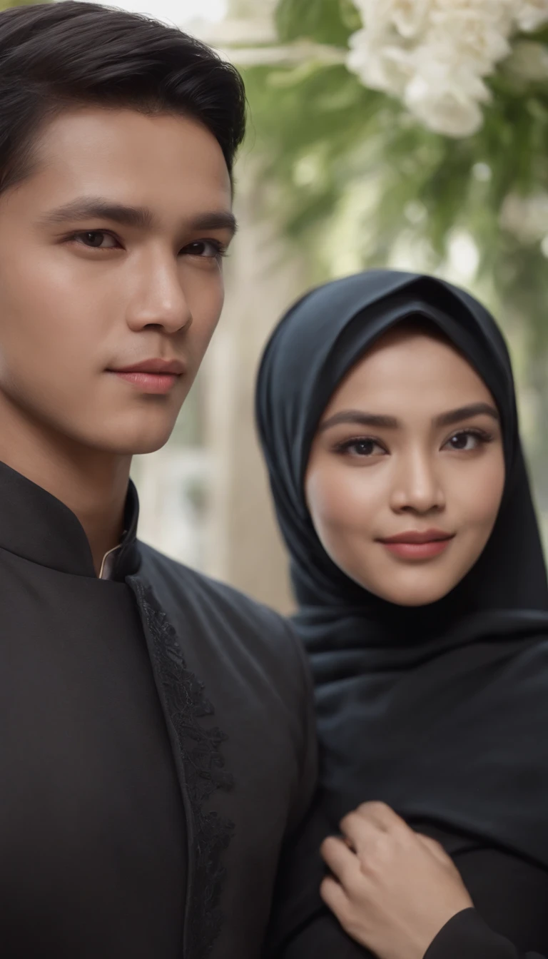a young Indonesian man stands posing next to a young Indonesian woman. beautiful young woman, Hijab, black kebaya. best quality, realistic, photorealistic, (intricate detail: 1.2), (fine detail), (cinematic light), clear lines, sharp focus, realistic face, detailed face, unity 8k wallpaper, very high resolution, (photorealistic: 1.4), He was looking at the audience