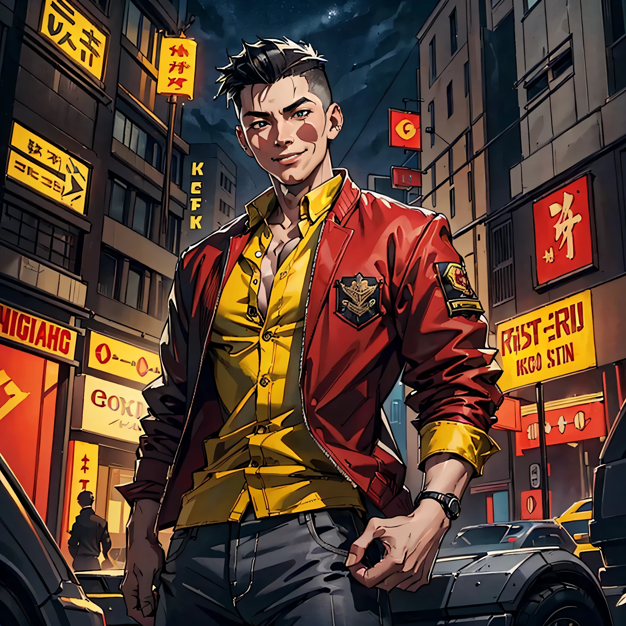 (best quality,4k,8k,highres,masterpiece:1.2), 1boy, solitary, intense gaze, striking gray eyes, black undercut hair, fair skin, (red jacket), (yellow buttoned shirt), Asian American ethnicity, smile, (night city background), vibrant colors, dramatic lighting